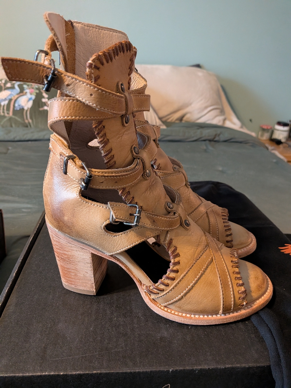 Freebird Women's Tan Leather Strappy Block Heel Sandals